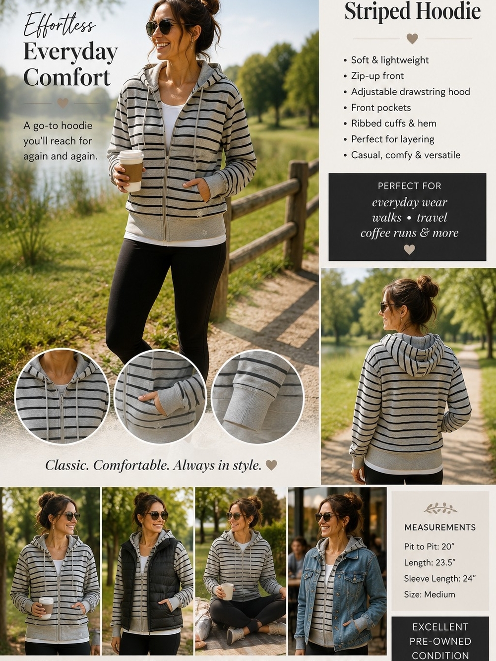 Striped Hooded Zip-Up Sweatshirt Jacket - Gray/Black